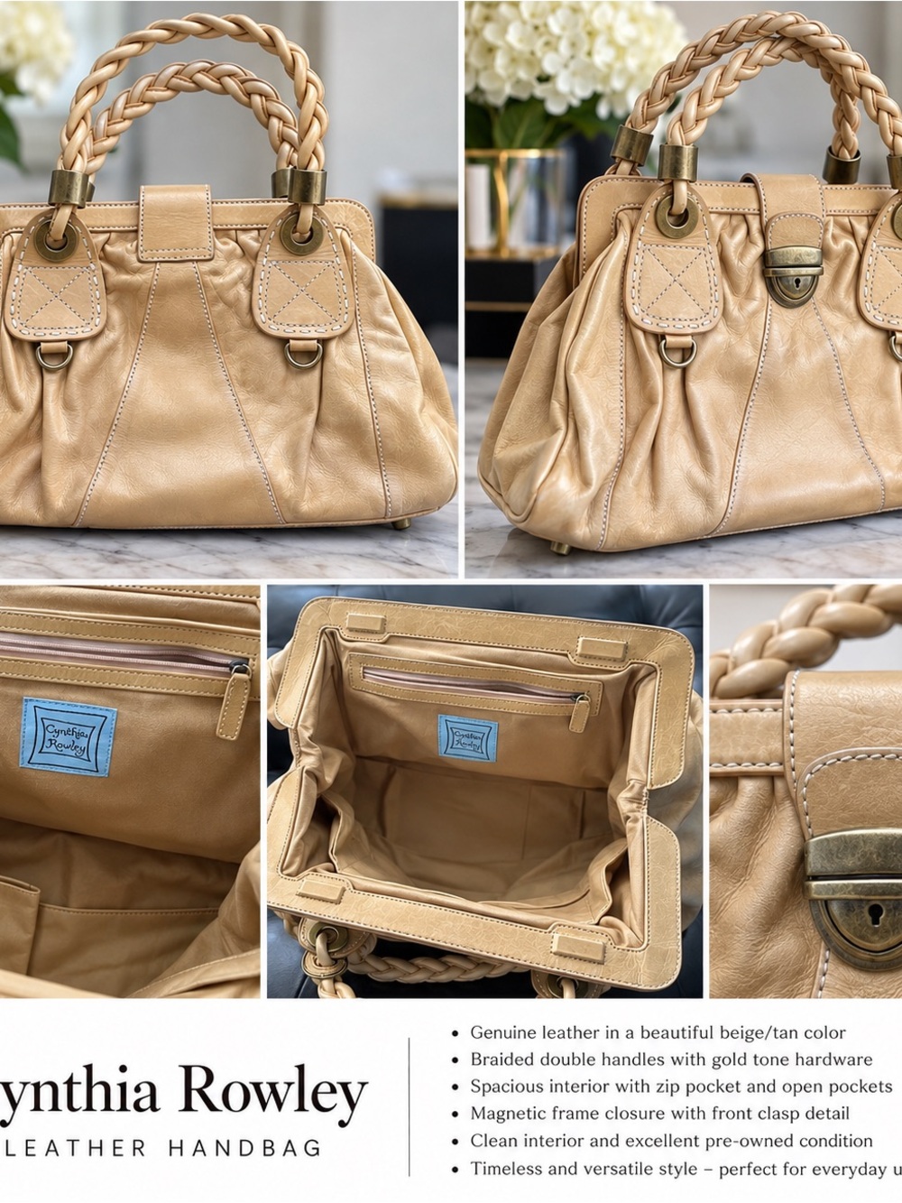 Cynthia Rowley Beige Braided-Handle Leather Satchel